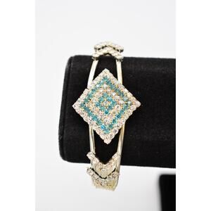 Vintage Crystal Bracelet Bangle Pave Sky Blue Rhinestone Silver Prong Shiny Bin2